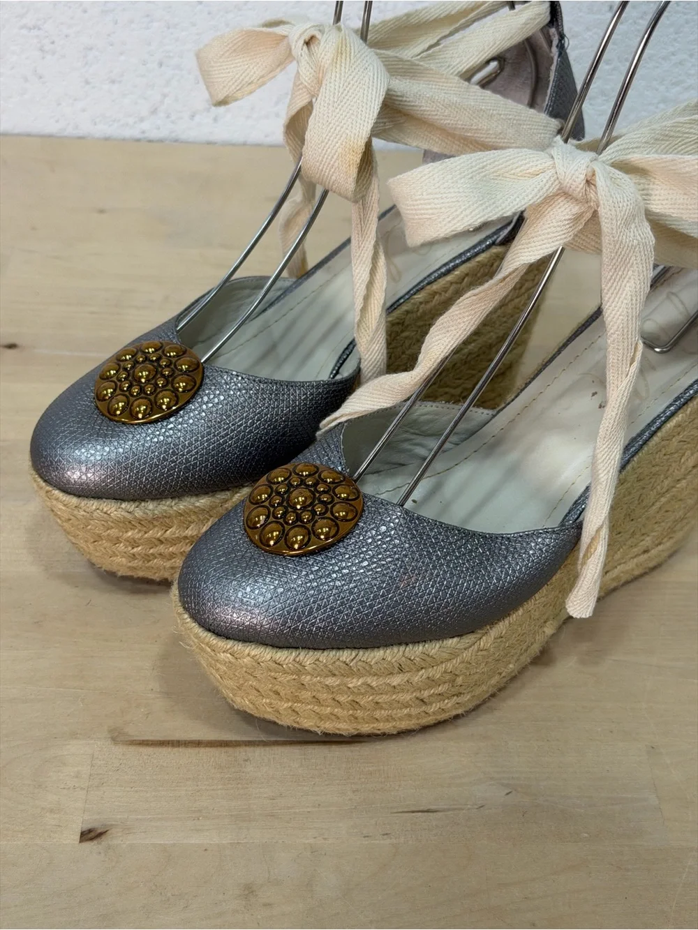 Metallic Silver Espadrille Wedge Sandals with Cream Ribbon Tie